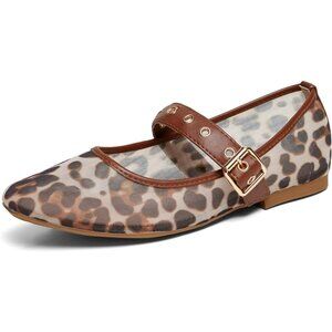 Women Mesh Leopard Polyurethane (PU) Closed Toe Strap Buckle Ballerina Flats